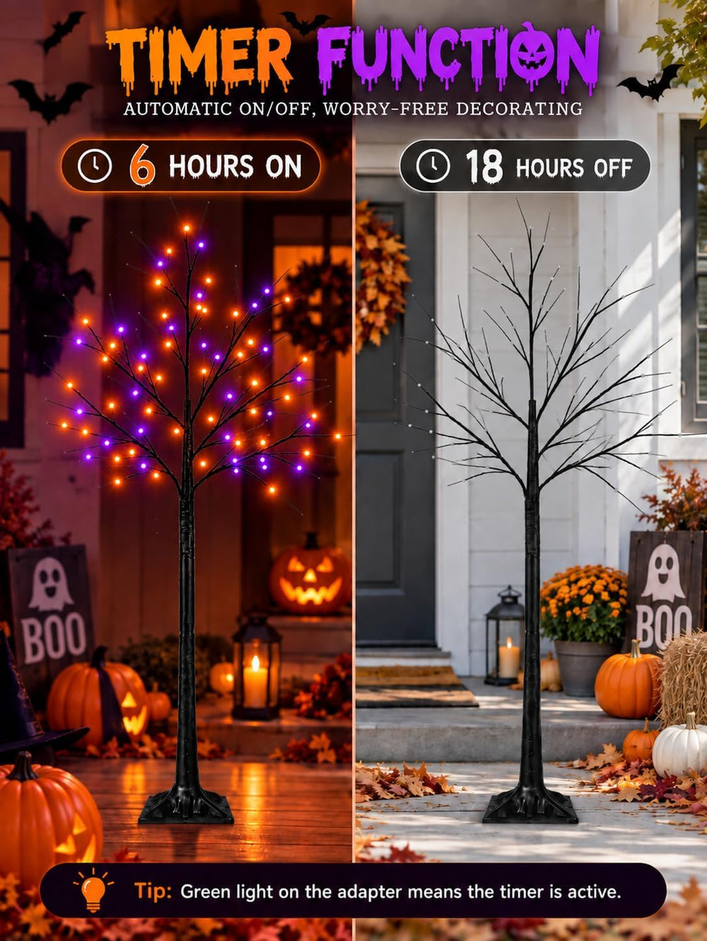 Black Halloween Tree with Purple and Orange Lights, 2Pack 6FT 300LED