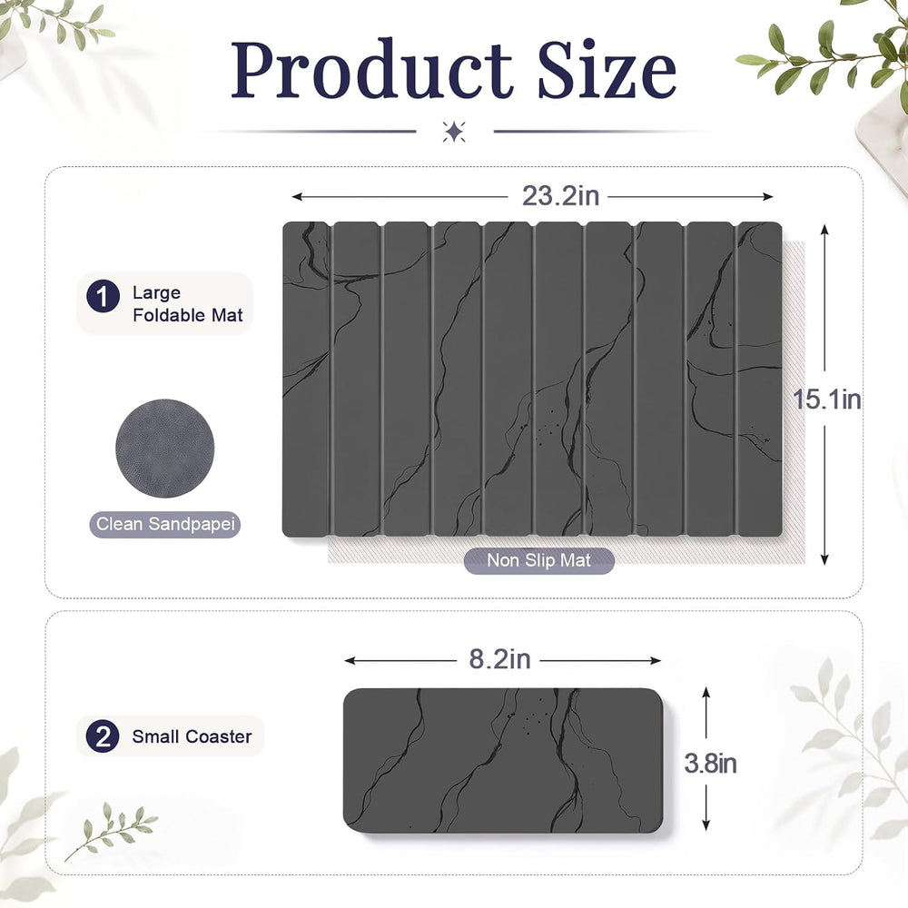 Large Stone Dish Drying Mat Set for Kitchen Counter Dark Gray Marble