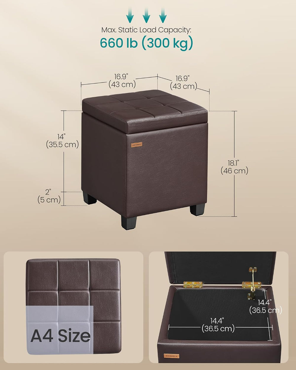 SONGMICS Square Storage Ottoman with Hinged Lid, 16.9 x 16.9 x 18.1 Inches