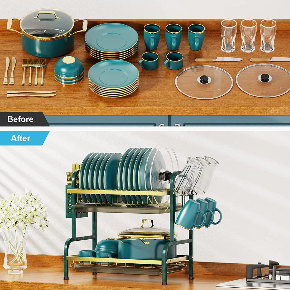 Dish Drying Rack,2 Tier Stainless Steel Dish Rack Drainboard Set,Utensil Hold...