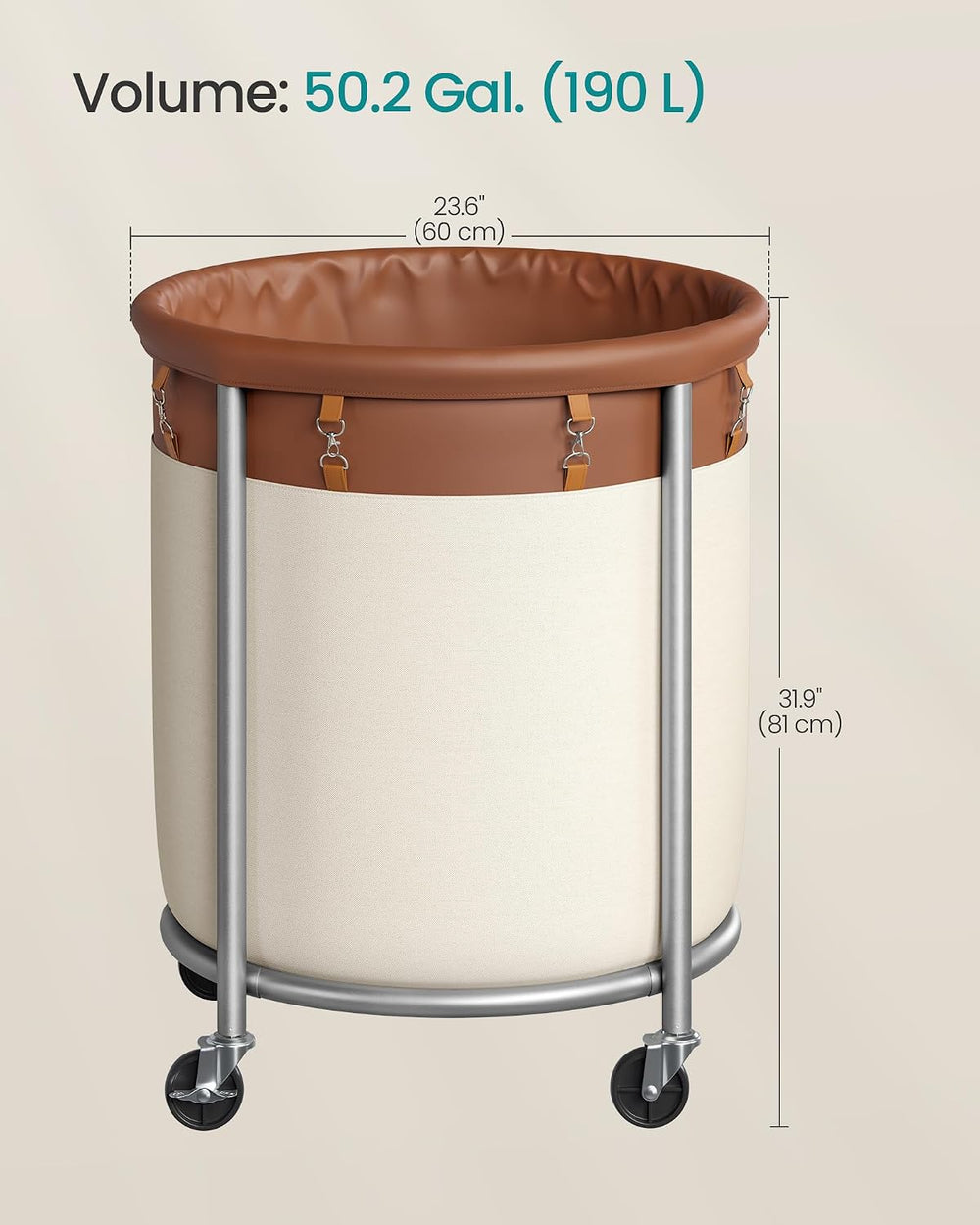 SONGMICS Laundry Basket with Wheels,190 L, Steel Frame, Removable Bag