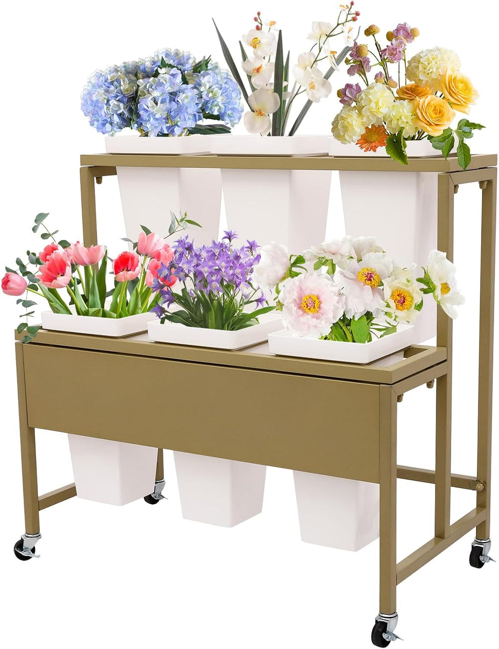 2-Layers Flower Display Stand Metal Flower Display Stand With 6 Pcs Buckets R...