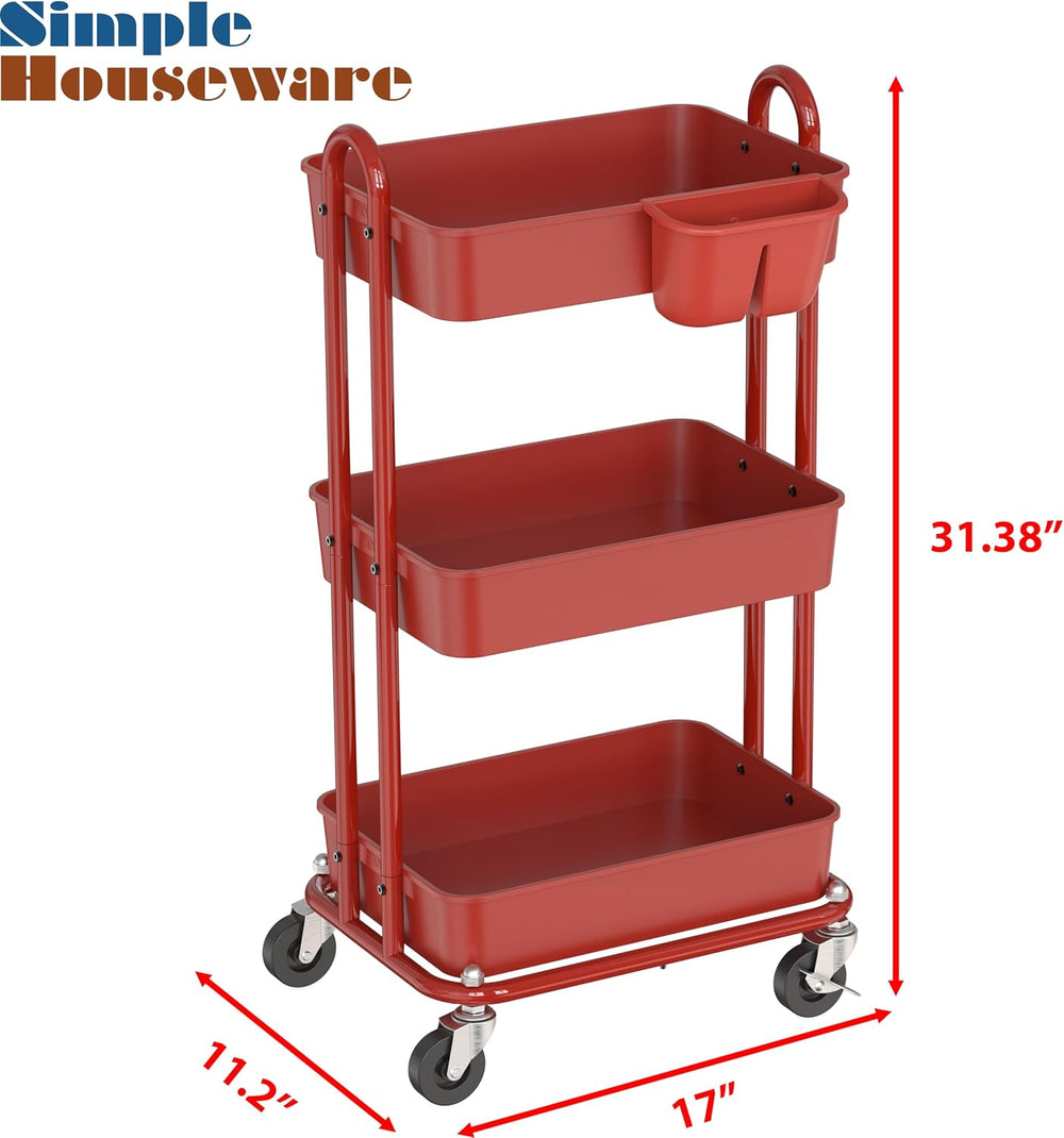 Simple Houseware 3-Tier Rolling Utility Cart with Hanging Bucket, Red