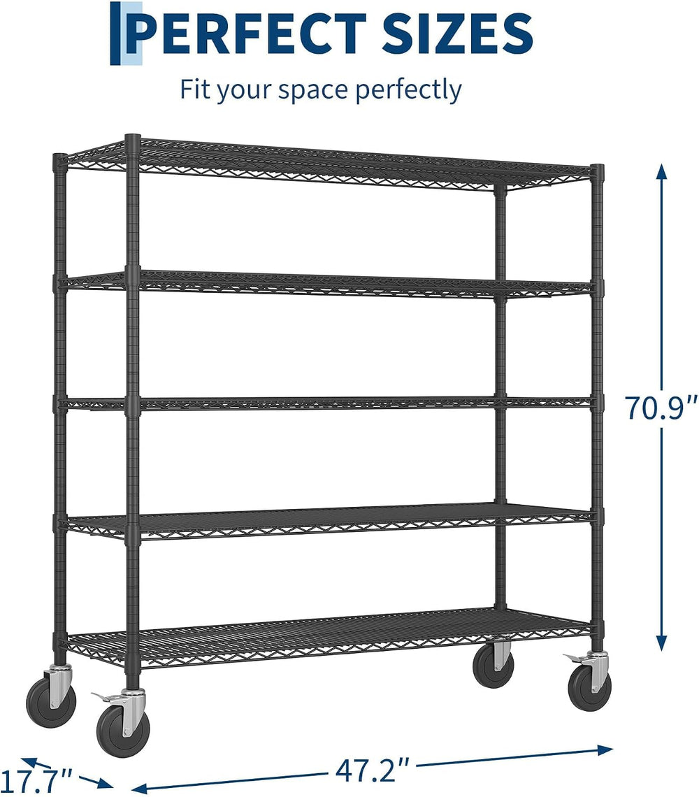 Garvee 3250LBS Metal Shelving with Wheels, 5-Tier Wire Storage Shelves 71"H