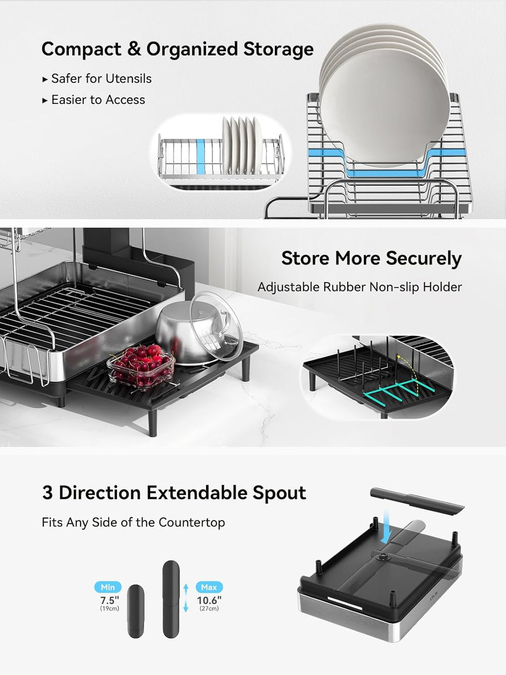 SUNLY 2 Tier Dish Drying Rack, Extra Large Dish Rack, Expandable Dish Racks f...