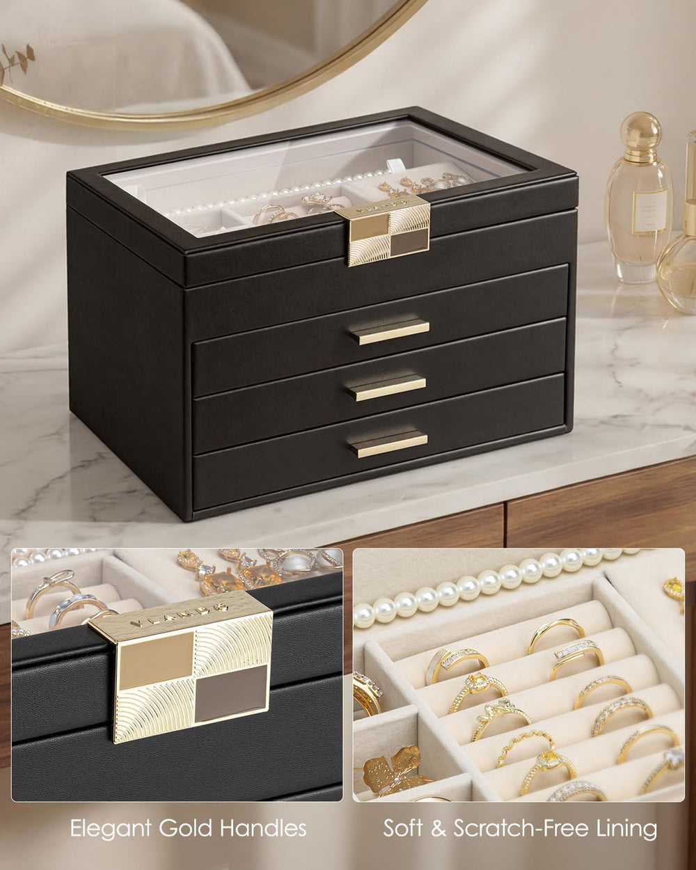 VLANDO Jewelry Box Organizer, 4-Layer Storage with Glass Window