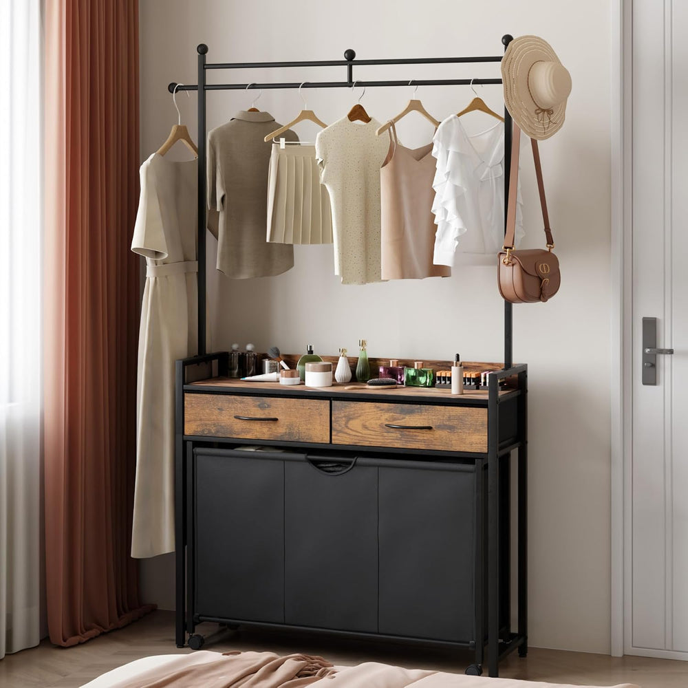 Mondeer 150L Laundry Sorter with Hanging Rack, 3 Compartments, 2 Drawers