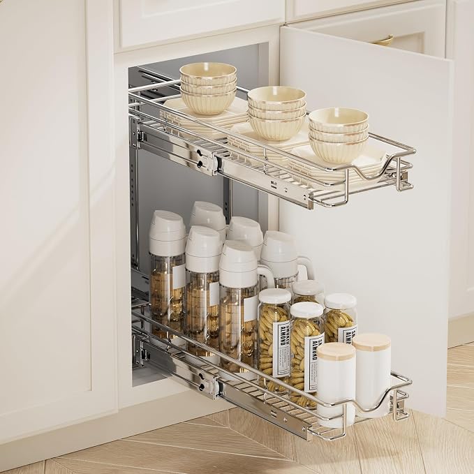 DINDON Pull Out Cabinet Organizer, Cabinet Pull Out Shelves, 2 Tier Pull Out
