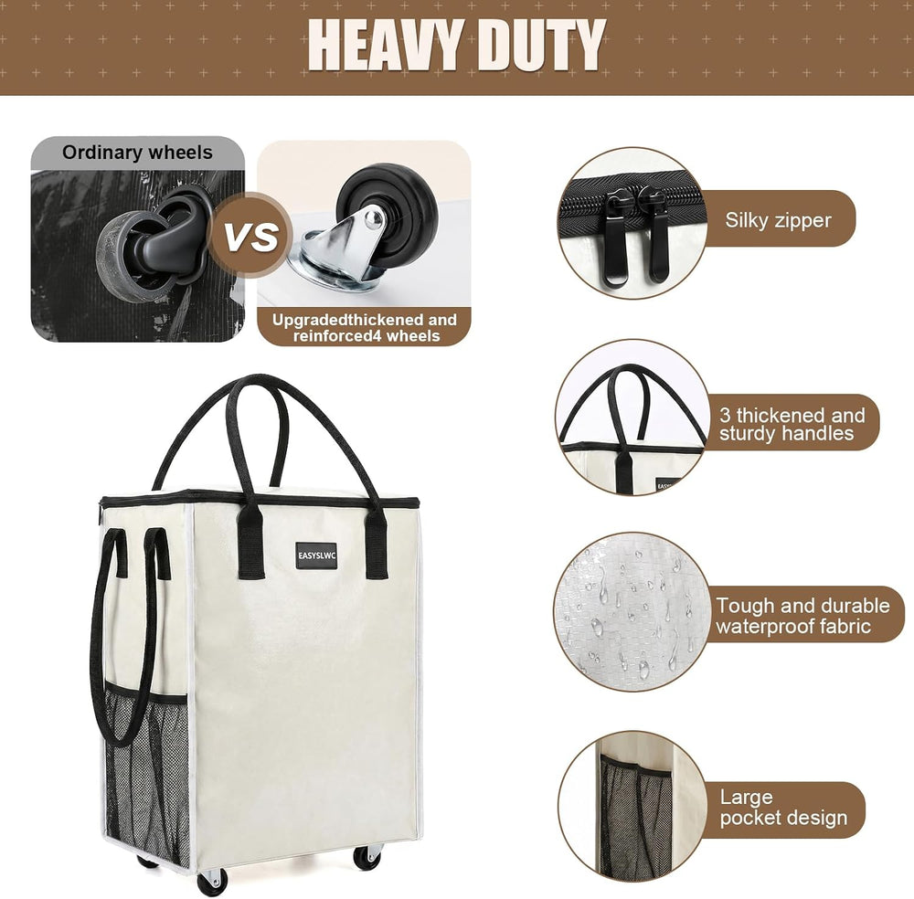 Grocery Bag Rolling Tote Bag on 4 Wheels, Shopping Bag with Wheels Handle