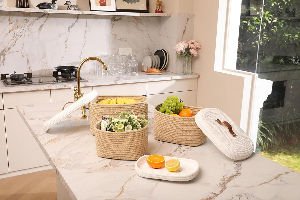 Cottonphant Set of 3 Nesting Cotton Rope Baskets with Lids, Decorative Woven ...