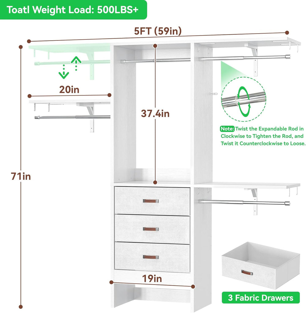 Armocity 5FT Small Closet System with 3 Fabric Drawers, 60 Inches Walk In Clo...