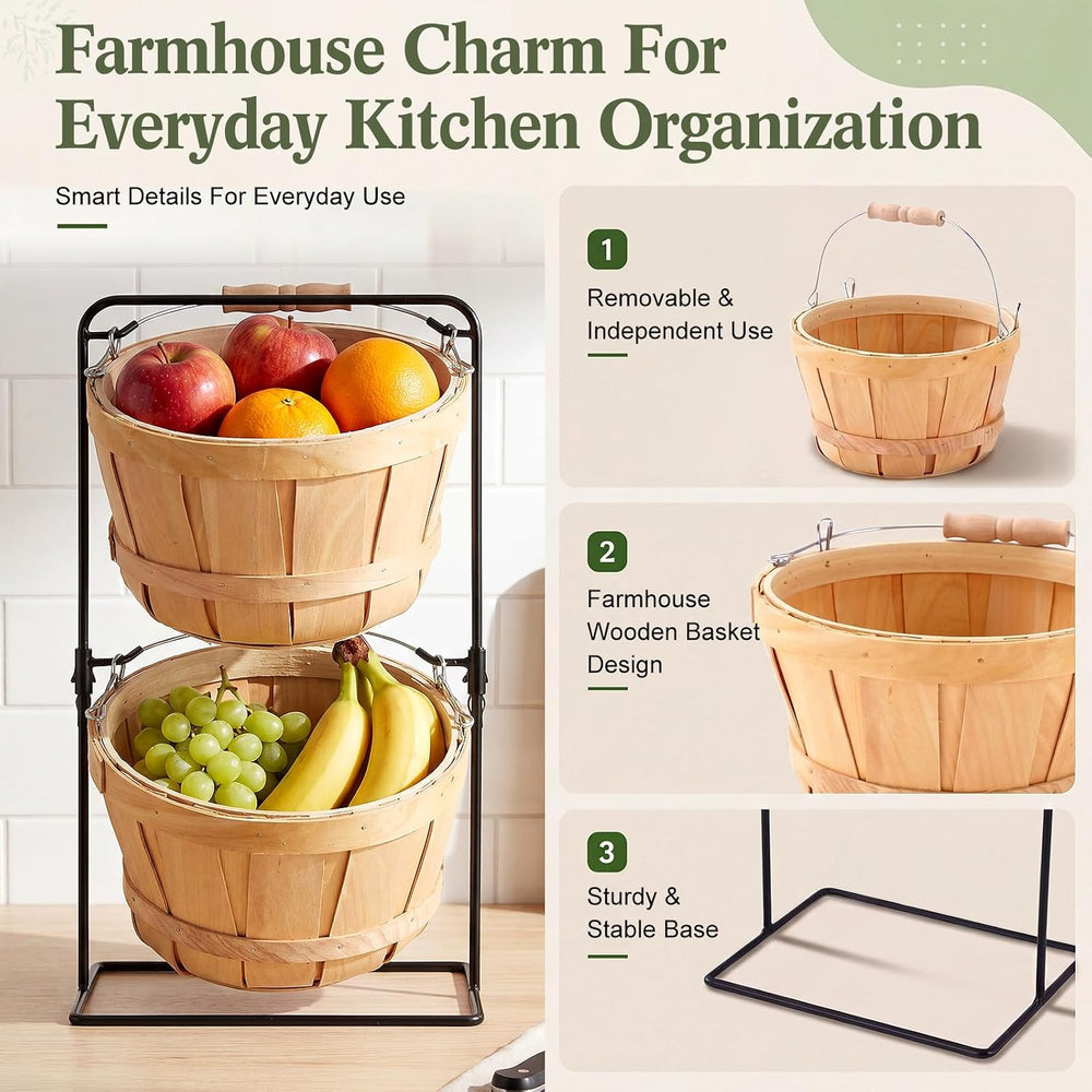 Novabright 2 Tier Wooden Fruit Basket with Metal Stand, Farmhouse Small Bushe...