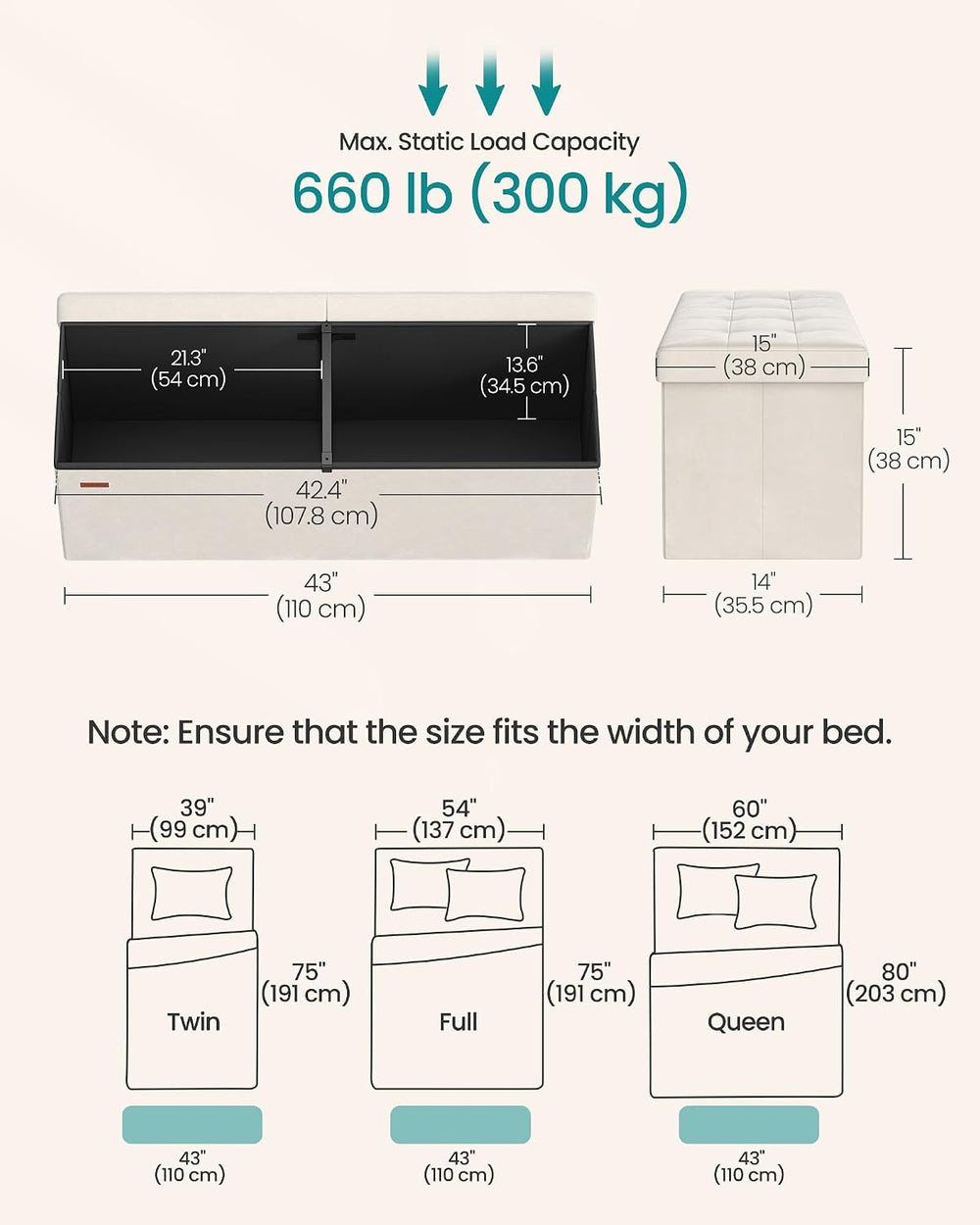 SONGMICS Foldable Storage Ottoman with Flipping Lid, 43.3 Inch Velvet Bench
