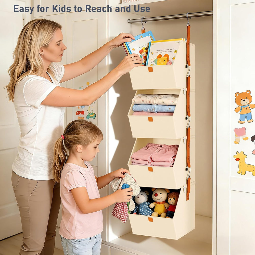DIMJ Hanging Closet Organizer - 4 Tier Collapsible Hanging Shelves with Hooks...