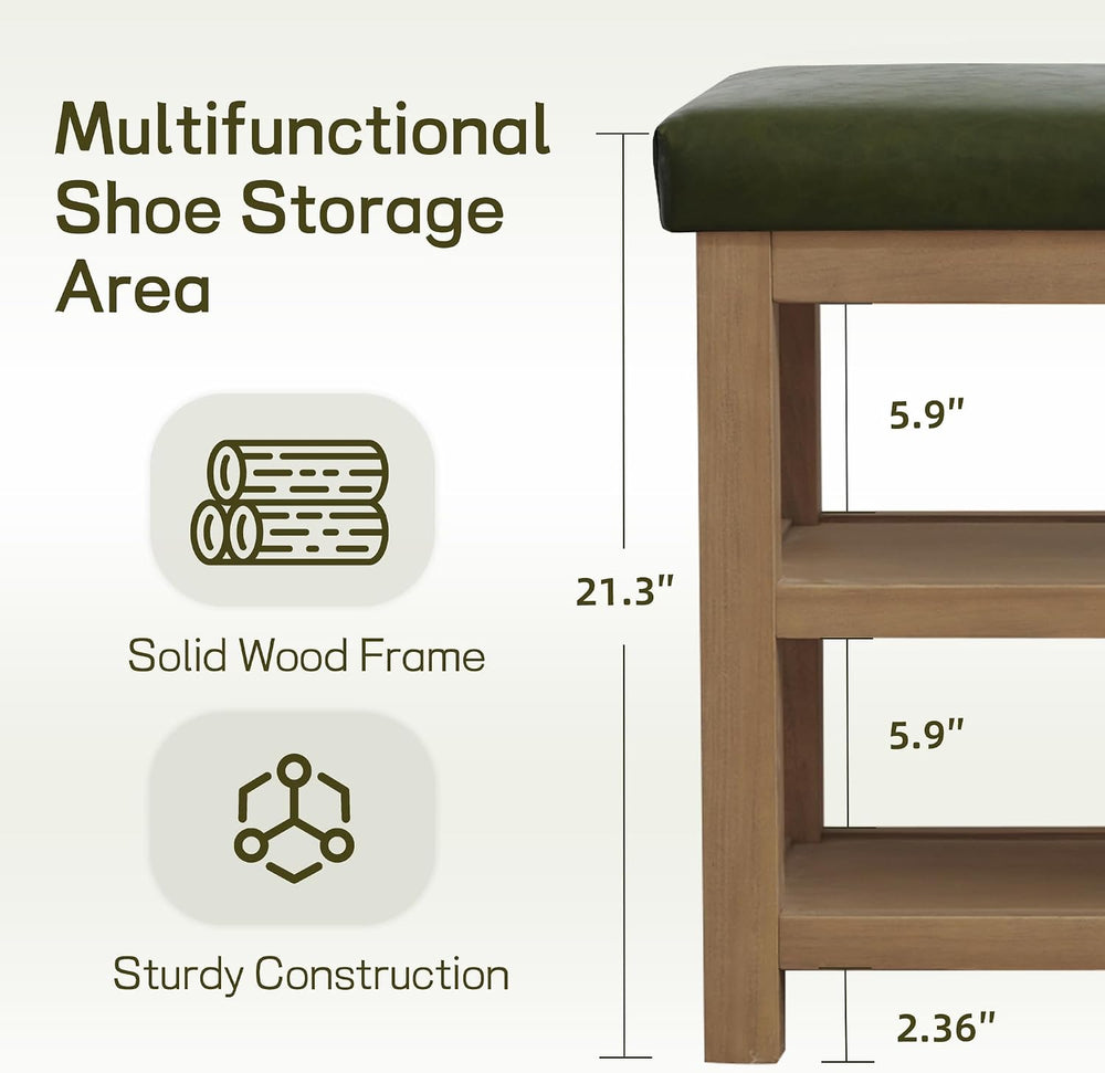 Zihanhome Shoe Rack Bench with Leather Cushion, 2 Tier Solid Wood Storage Ben...