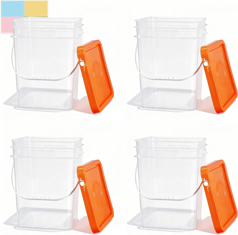 4 Pack 6.6 Gallon Square Plastic Bucket with Orange Lids, Heavy Duty Storage ...