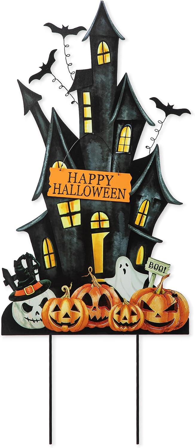 Glitzhome 32" H Halloween Metal Haunted House Yard Stake/Hanging Decor,H...