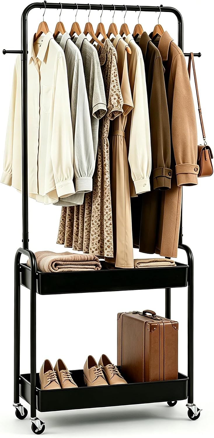 LDAILY Small Rolling Clothes Rack, Heavy Duty Clothing Rack with 2 Baskets, 4...