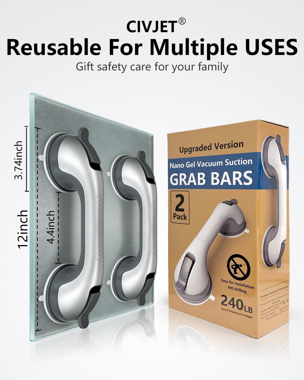 2 Pack Suction Cup Shower Grab Bars for Seniors, Handles Bathtub Rails