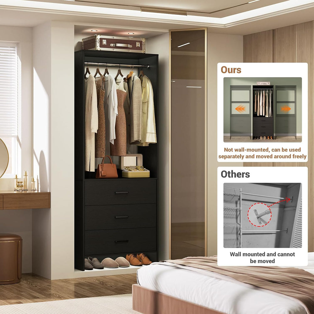 Aheaplus 1.8FT Closet System with 3 Drawers, 21.5’’ Closet Organizer, Black