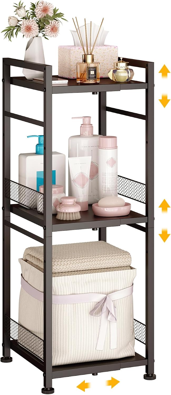 3-Tier-Narrow-Metal-Shelving-Unit, Expandable Bathroom Laundry Shelves