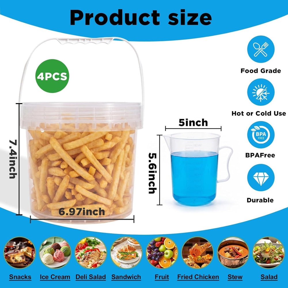 DEMORA 4 Pack 1 Gallon Clear Plastic Bucket with Screw Lid & Handle, Food...