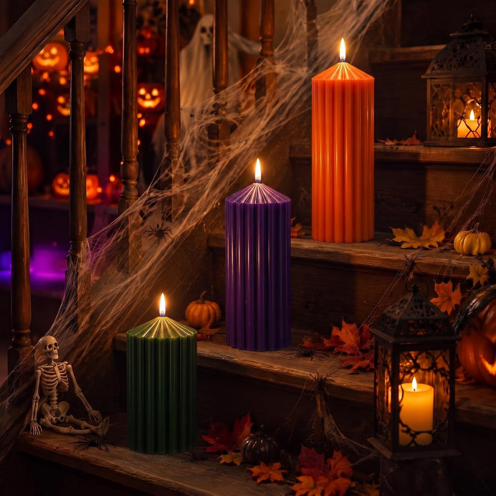 Mtlee 3 Pack Halloween Ribbed Pillar Candles Green Purple Orange Candles