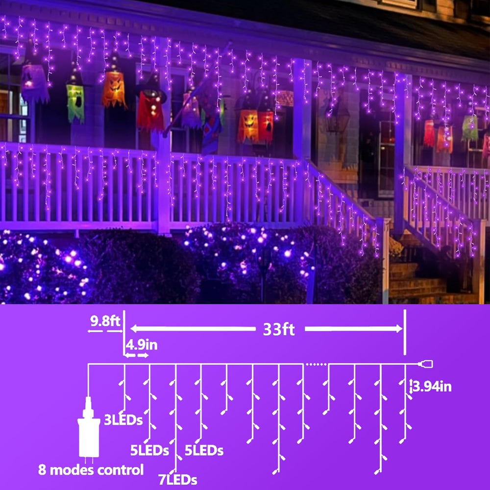 QITONG Purple Halloween Lights, 33ft 400 LED Icicle Lights for Outside Plug i...