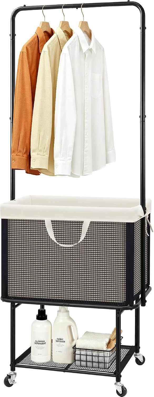 STO STO Rolling Laundry Cart with Hanging Bar, Laundry Hamper with Wheels