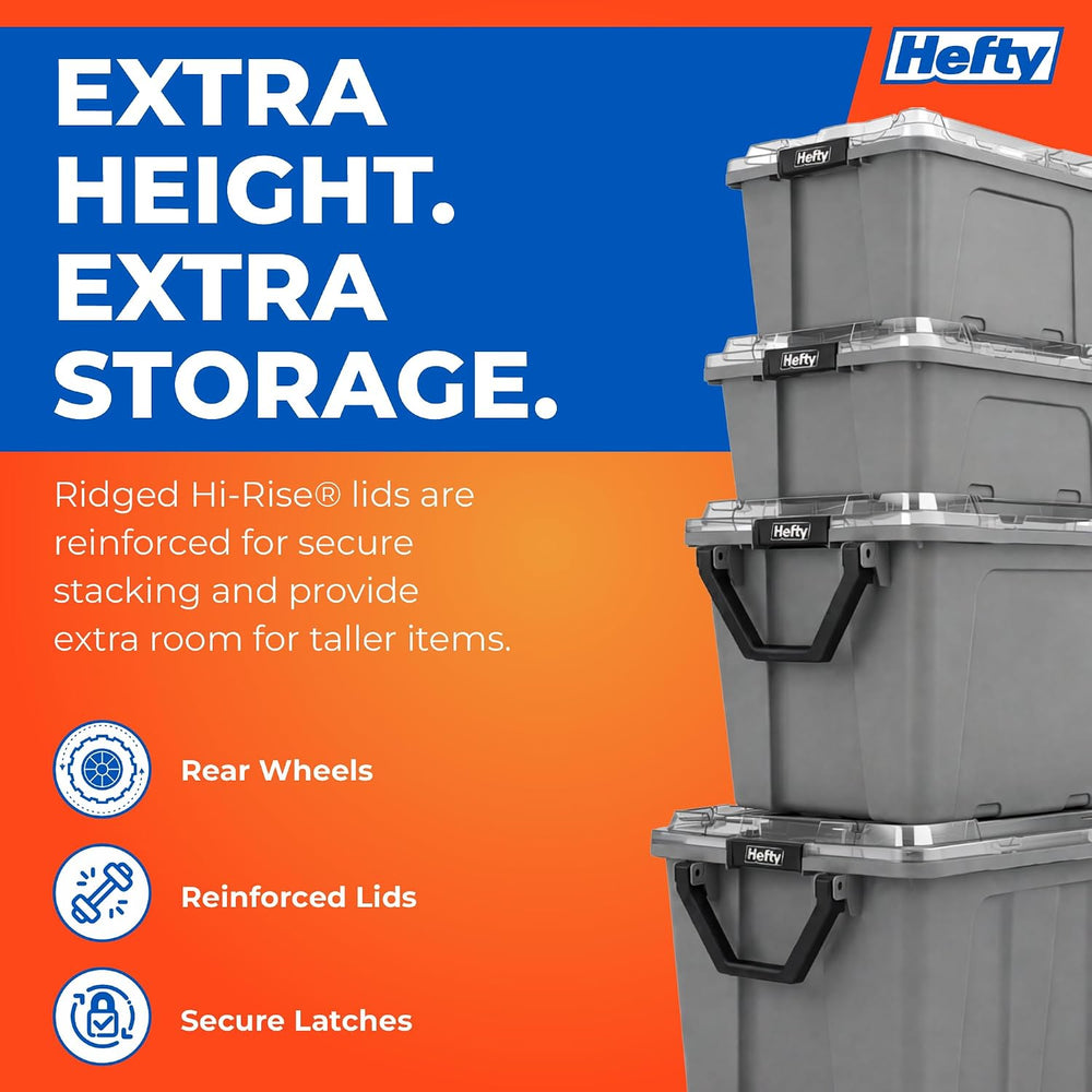Hefty MAX Pro 28 Gal Storage Bins with Clear Lids, Stackable, 4 Pack, Grey