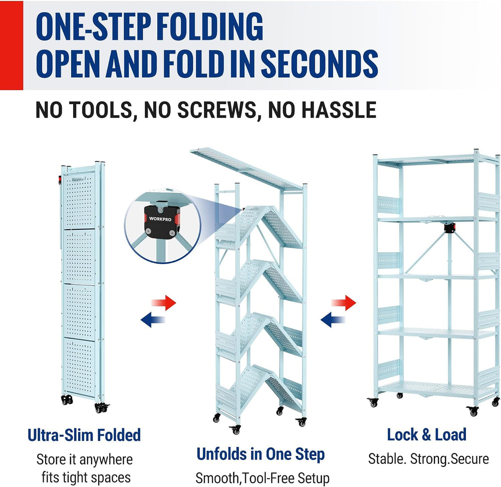 WORKPRO 5-Tier Folding Shelf, No-Assembly Metal Storage Rack with Wheels, 750...