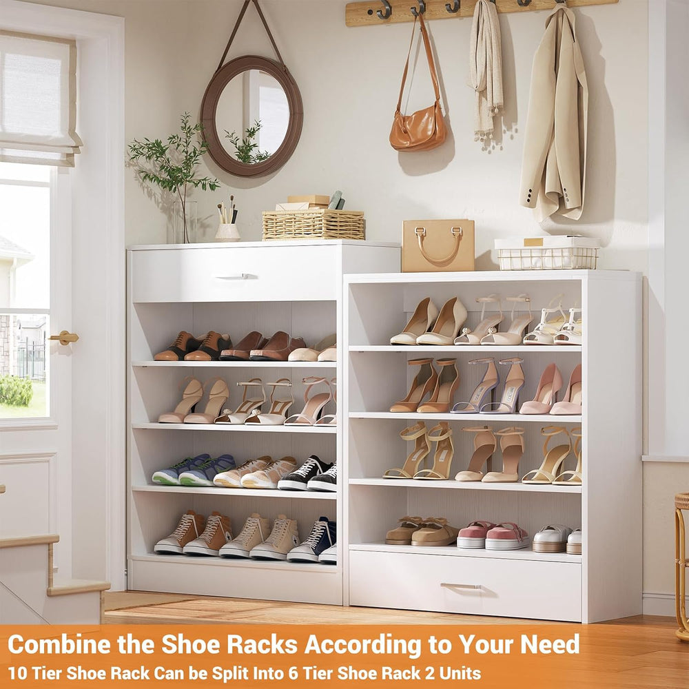 Aheaplus 10 Tiers Tall Shoe Cabinet, 25.6" Wood Sturdy Shoe Rack, White