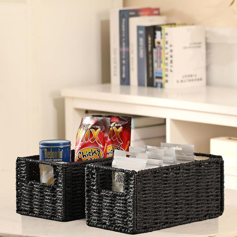 Wicker Storage Basket, Set of 2 Black Wicker Baskets for Bathroom