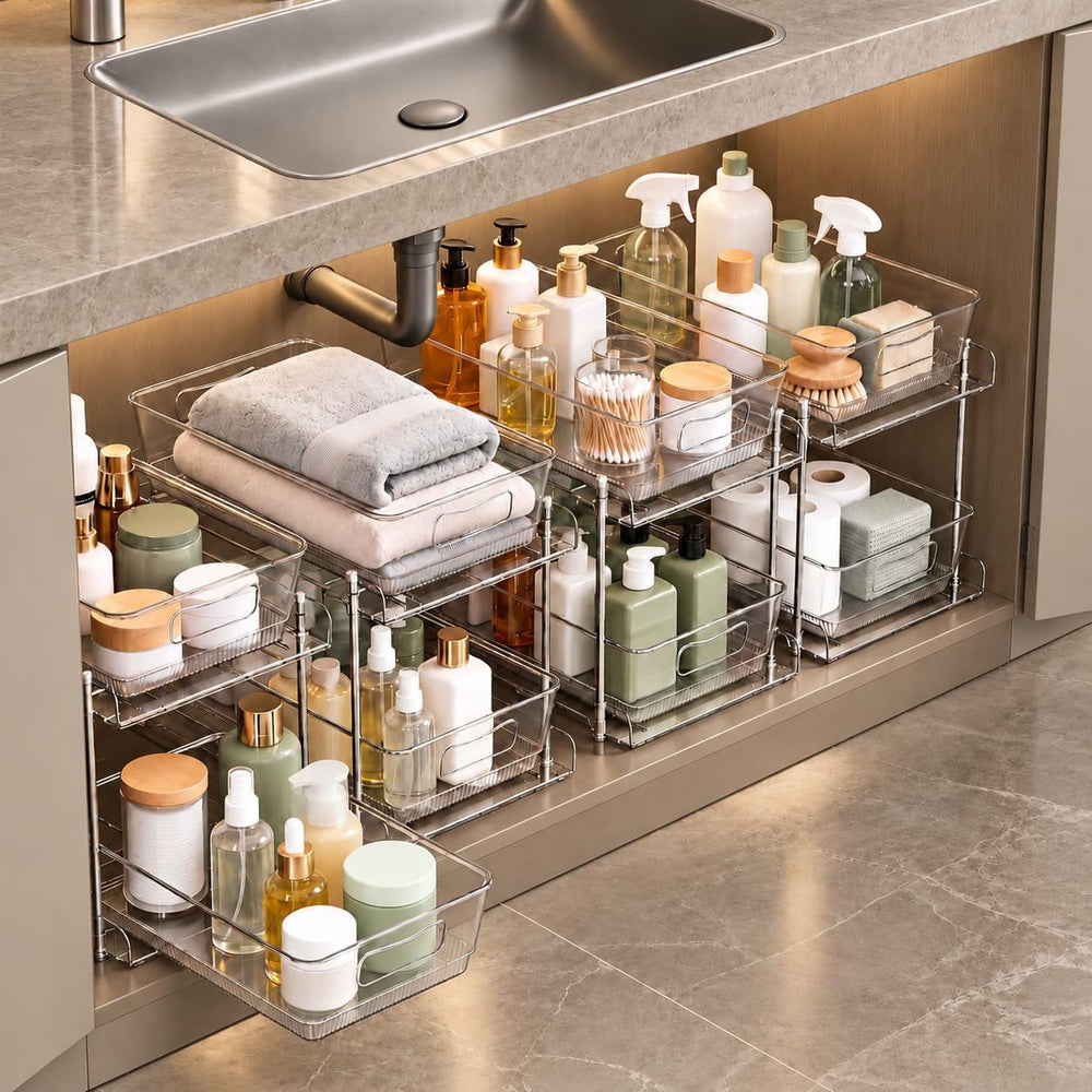 4 Pack Pull Out Bathroom Under Sink Organizer, Clear 2-Tier Cabinet Storage