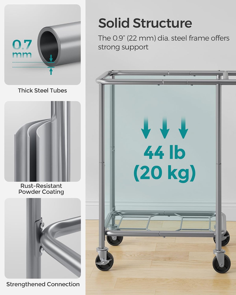 SONGMICS Laundry Basket with Wheels, 1-Section, 23.8 Gallons (90 L)