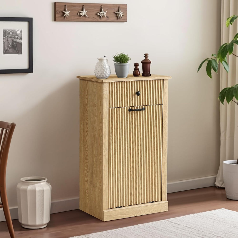 Wood Laundry Basket Cabinet, Hidden Trash Can Cabinet with Drawer, Versatile ...