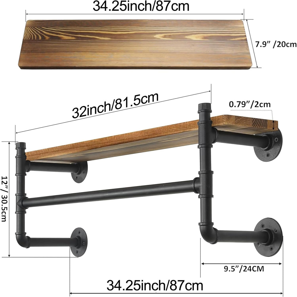 WEBI Wall Mounted Clothes Rack with Shelf,32" Industrial Pipe Clothing R...
