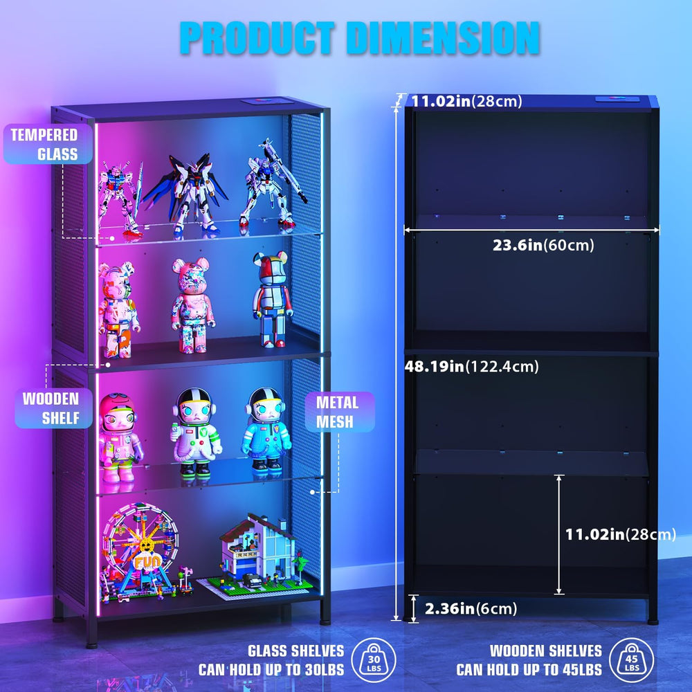 Display Case with RGB Lights & Metal Mesh Design, 4-Tier Display Cabinet