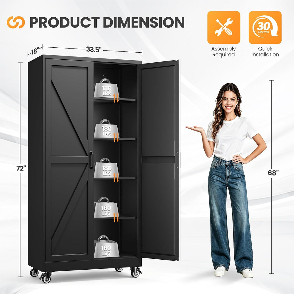72" Tall Rolling Metal Garage Cabinets, Wheeled Black Storage Cabinet