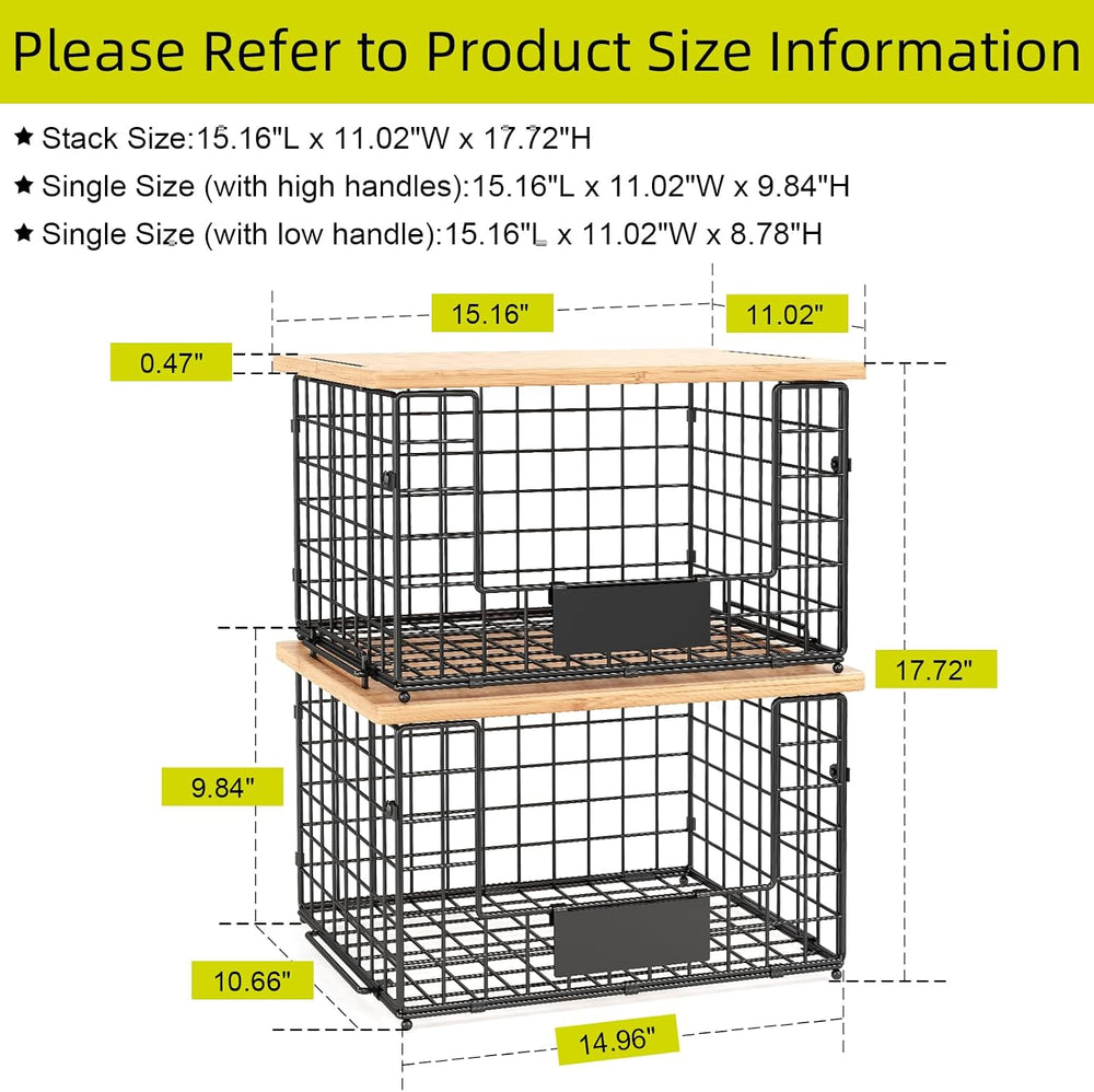 2 Pack Stackable Wire Baskets with Bamboo Top,Pantry Organizers Counter