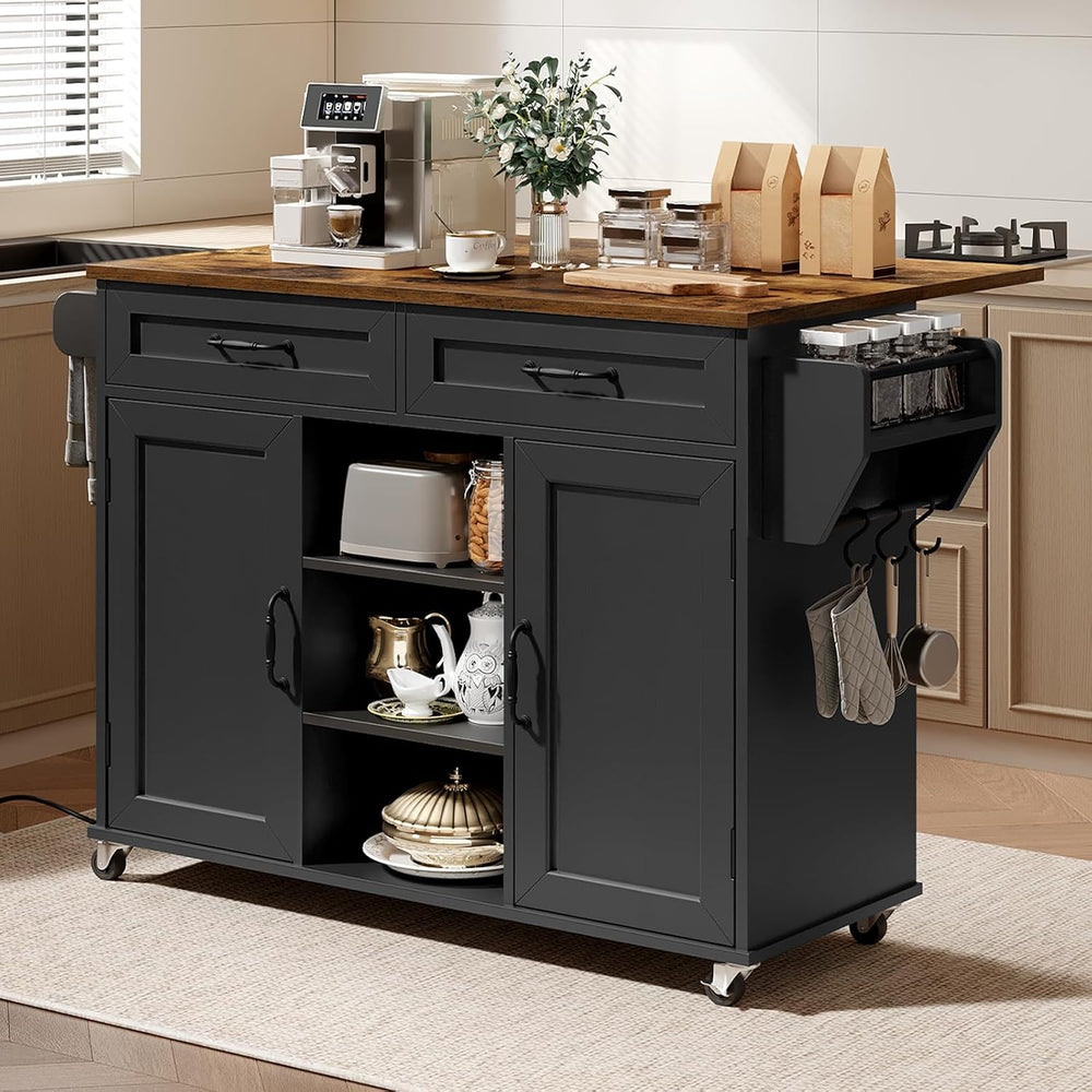 Kitchen Island with Power Outlets & Drop Leaf, Kitchen Cart with Storage,...