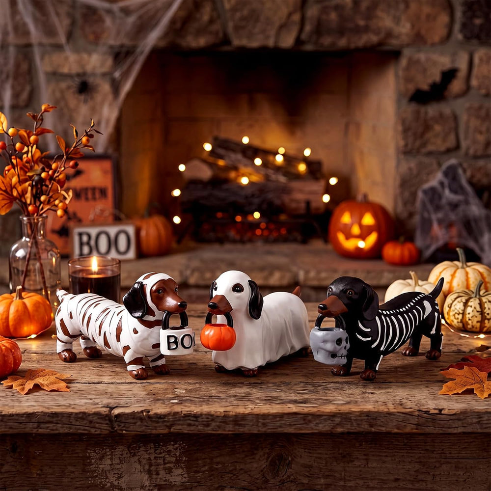 Pinkunn 3 Pcs Cute Dachshund Halloween Decor Resin Ghost Dog Table Figurine