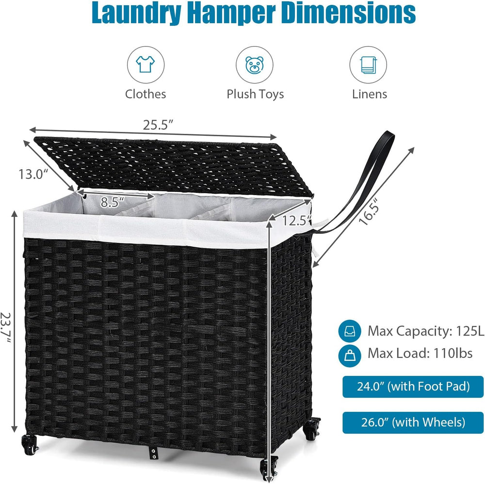 GOFLAME Laundry Hamper with Lid and Wheels, 125L Hand Woven Rattan Laundry Ba...