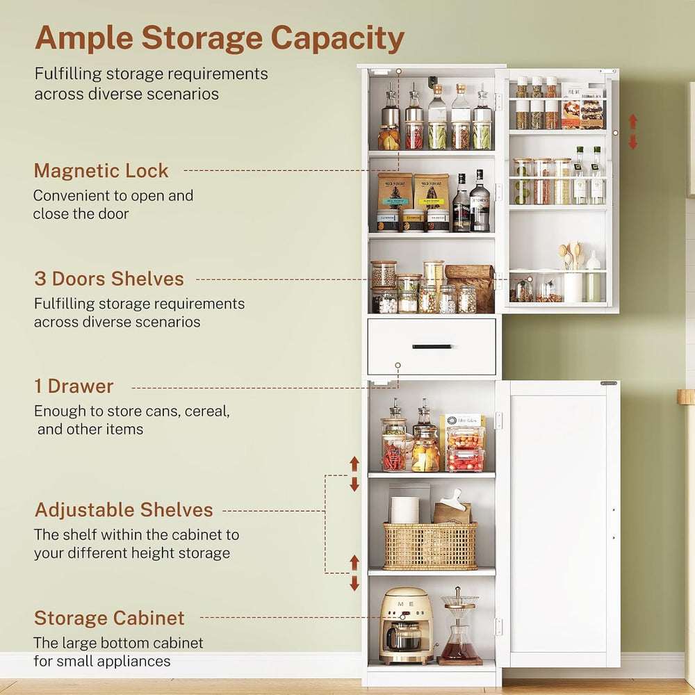 Tall Storage Cabinet with Door Shelves & Drawer, Kitchen Pantry Cabinet