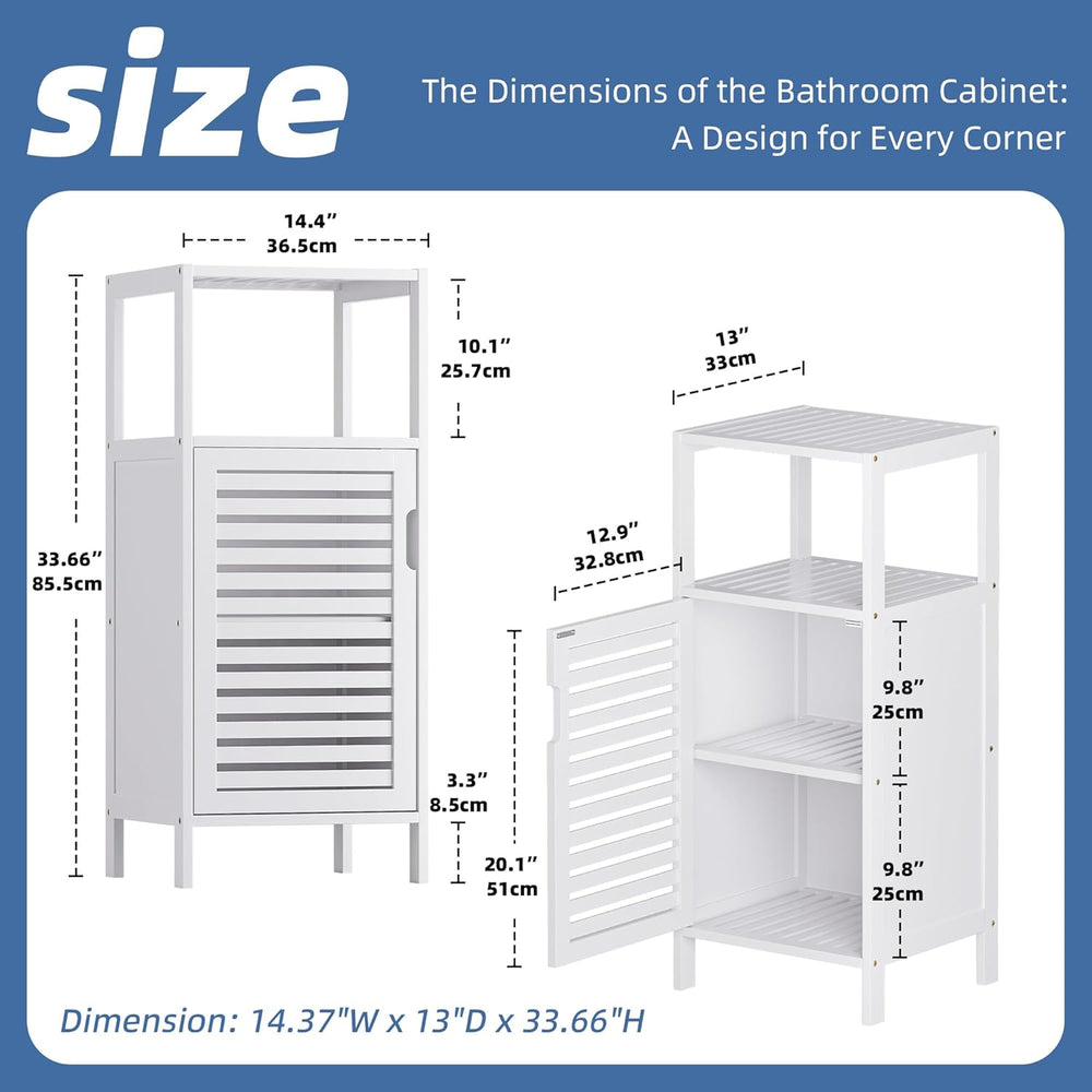 Bamboo Bathroom Storage Cabinet, 4 Tier Small White Floor Cabinet with Single...