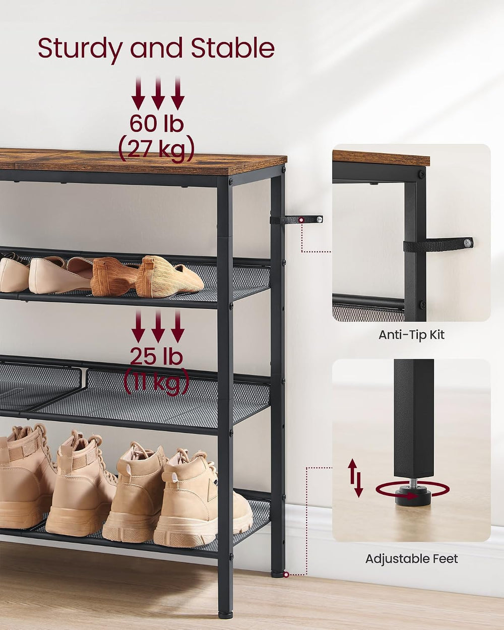 VASAGLE 4-Tier Shoe Rack, Adjustable, Freestanding
