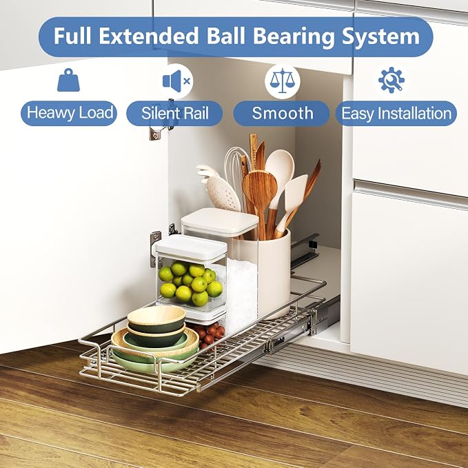 ROOMTEC Pull Out Cabinet Organizer, Single Tier, Heavy Duty Slide Out Shelves