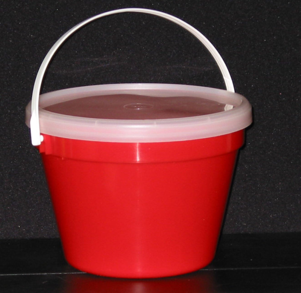 3 One Gallon Red Plastic Buckets & Lids.