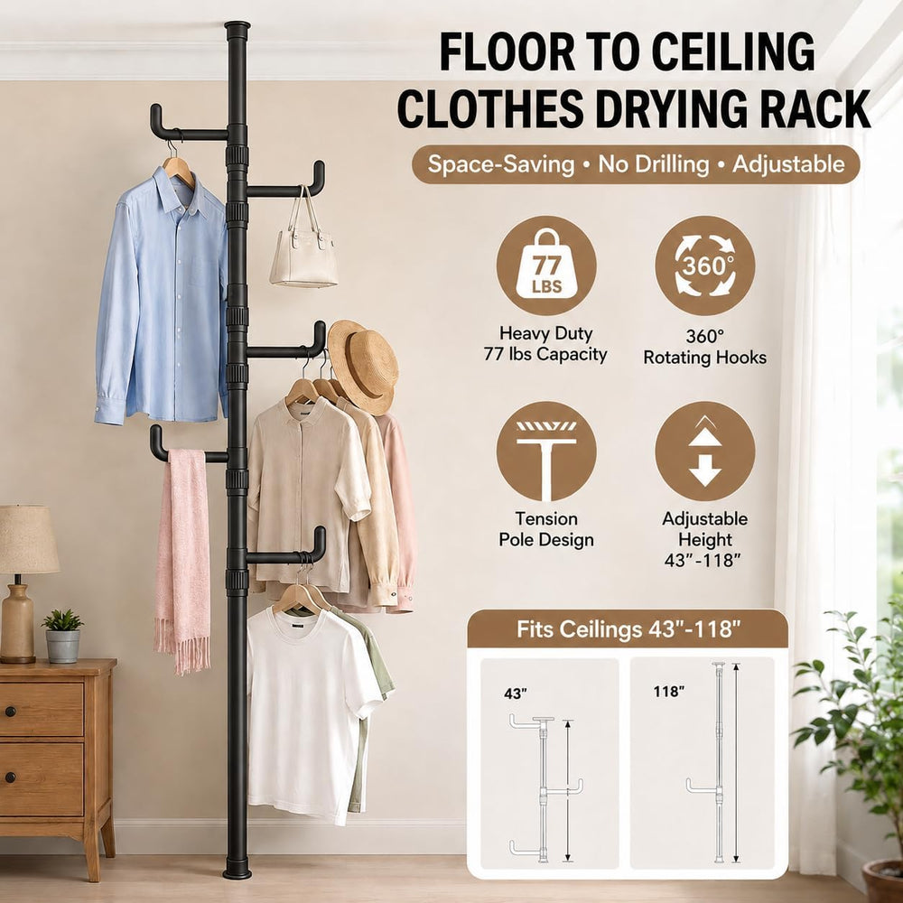 Floor to Ceiling Clothes Drying Rack, Adjustable Tension Pole Laundry Rack fo...