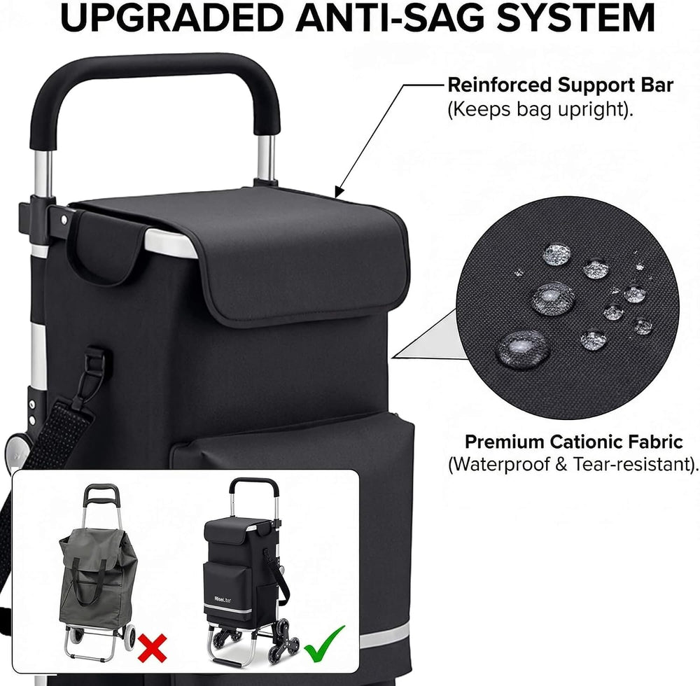 Stair Climbing Cart, Foldable Grocery Cart with 55L Cooler Pocket, 110 Lbs